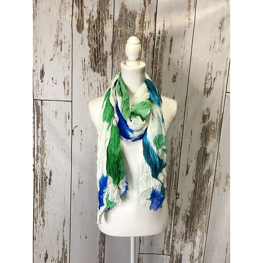 White/Blue/Teal/Green Water Color Style Scarf With Fringed Hem